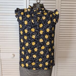 LOFT Floral Ruffle Sleeve Blouse - Navy and Yellow